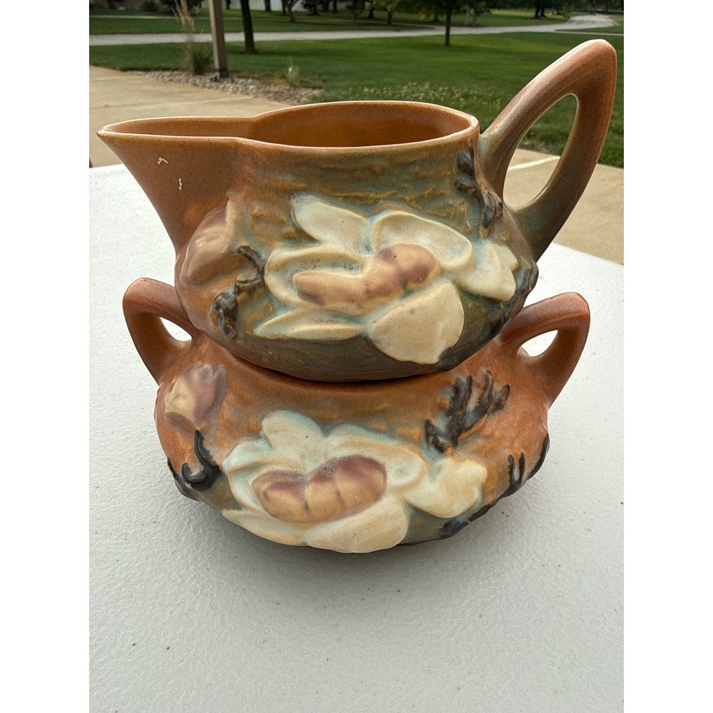 Vintage Roseville Pottery Magnolia Brown Creamer and Sugar Bowl Set 4-S 4-C